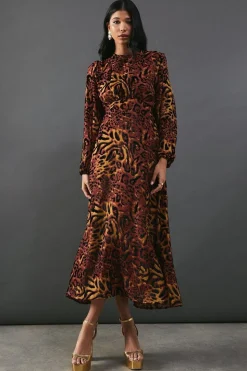 Burnout Velvet Balloon Sleeve Empire Seam Midi Dress