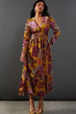 Burnout Velvet Plunge Neck Waisted Midi Dress