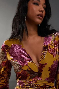 Burnout Velvet Plunge Neck Waisted Midi Dress