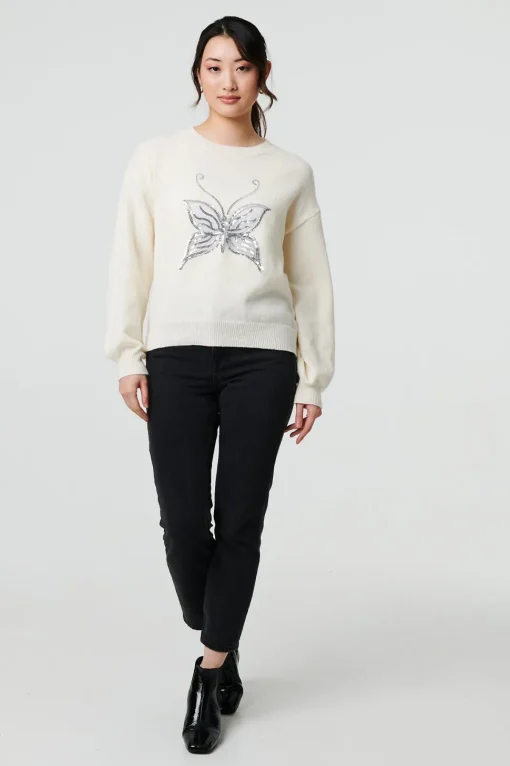Butterfly Embellished Puff Sleeve Jumper