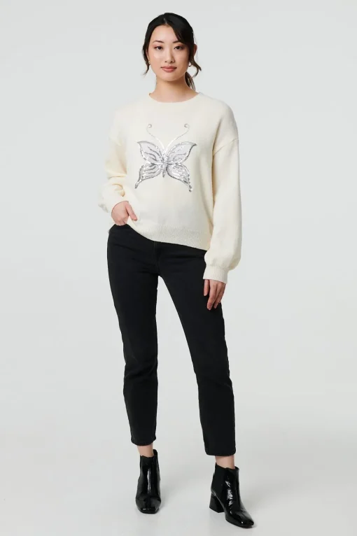 Butterfly Embellished Puff Sleeve Jumper