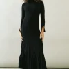 Button Cuff Detail High Neck Pleated Knitted Midaxi Dress