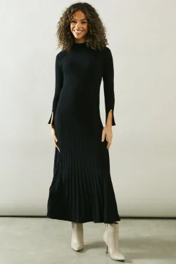 Button Cuff Detail High Neck Pleated Knitted Midaxi Dress