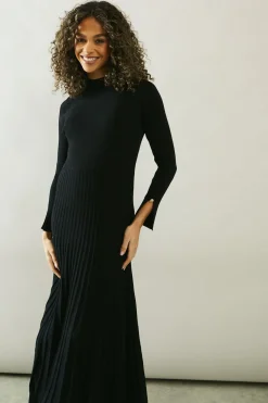Button Cuff Detail High Neck Pleated Knitted Midaxi Dress