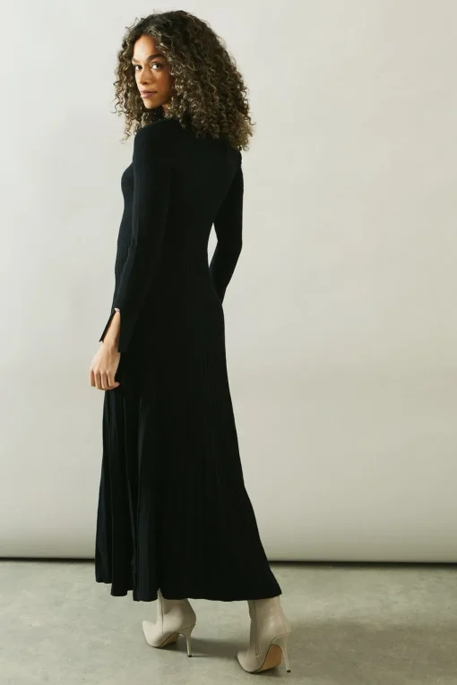 Button Cuff Detail High Neck Pleated Knitted Midaxi Dress