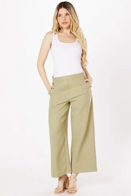 Button Detail Crop Wide Leg Textured Trouser
