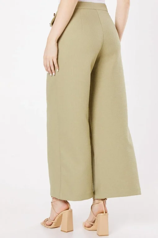 Button Detail Crop Wide Leg Textured Trouser