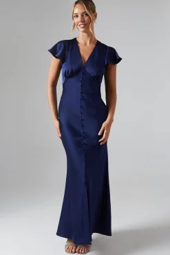 Button Detail V Neck Satin Bridesmaids Midaxi Dress
