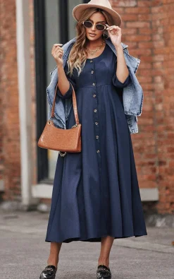 Button Down Sleeve Tie Detail Midi Dress In Navy