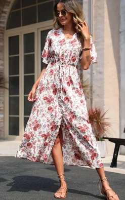Button Down V Neck Maxi Dress In White Floral Print