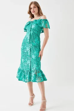 Button Front Bardot Lace Pencil Dress