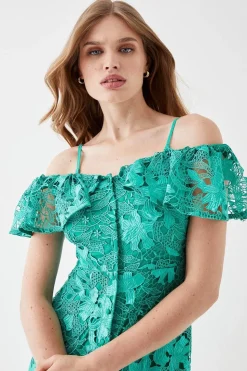 Button Front Bardot Lace Pencil Dress
