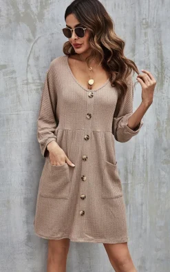 Button Front Mini Dress In Beige