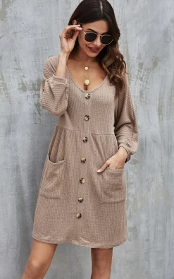 Button Front Mini Dress In Beige