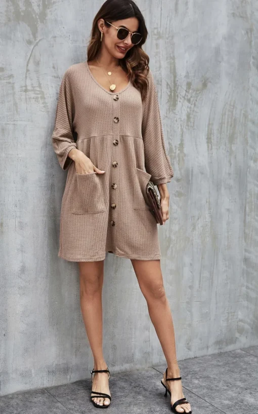 Button Front Mini Dress In Beige