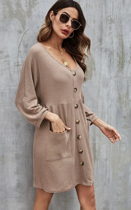 Button Front Mini Dress In Beige