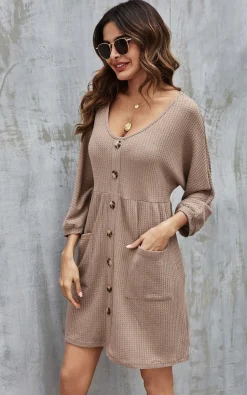 Button Front Mini Dress In Beige