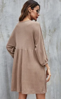 Button Front Mini Dress In Beige