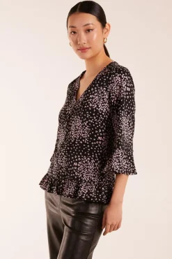 Button Front V Neck Flounce Blouse