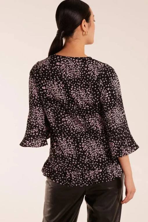 Button Front V Neck Flounce Blouse