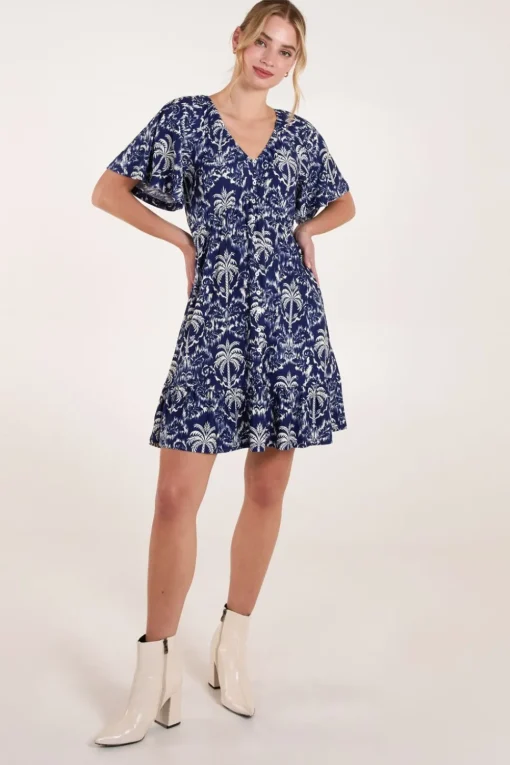 Button Through Elastic Waist Mini Dress