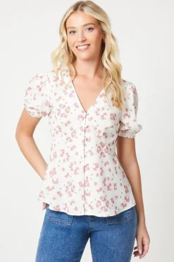 Button Through Short Sleeve Tea Blouse