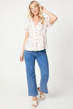 Button Through Short Sleeve Tea Blouse