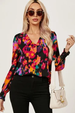 Button Through V Neck Long Sleeve Blouse Top