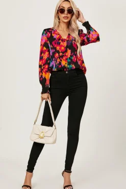 Button Through V Neck Long Sleeve Blouse Top