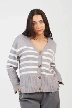 Button Through V-neck Stripe Cardigan