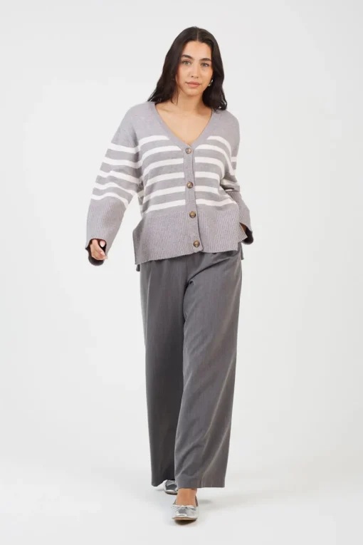 Button Through V-neck Stripe Cardigan