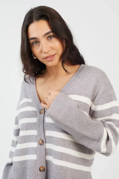 Button Through V-neck Stripe Cardigan