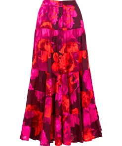 Button-Front Tiered Floral Maxi Skirt