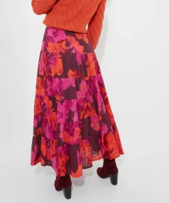 Button-Front Tiered Floral Maxi Skirt