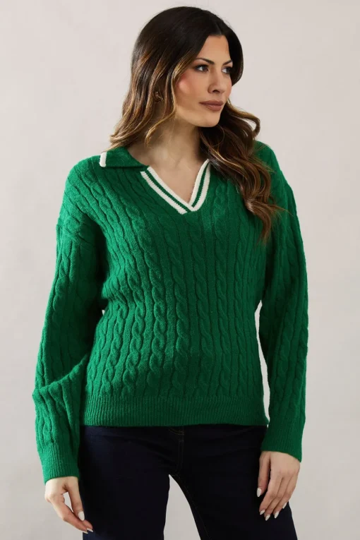 Cable Knit Tipped Collared Jumper
