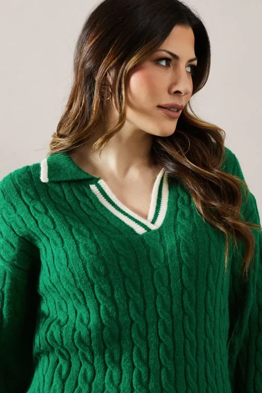 Cable Knit Tipped Collared Jumper
