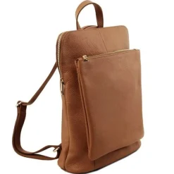 Camel Soft Pebbled Leather Pocket Backpack | BYEYL