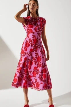 Cap Sleeve Floral Chiffon Midi Dress