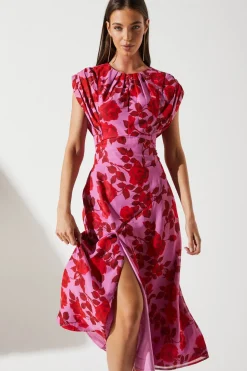 Cap Sleeve Floral Chiffon Midi Dress