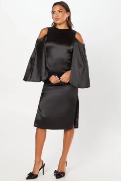 Cape Back Satin Midi Wedding Guest Dress