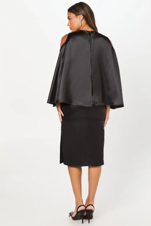 Cape Back Satin Midi Wedding Guest Dress
