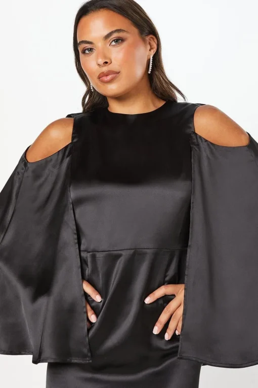 Cape Back Satin Midi Wedding Guest Dress