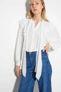 Cassie Broderie Frill Tie-Neck Blouse Ivory