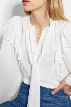 Cassie Broderie Frill Tie-Neck Blouse Ivory