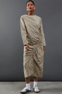 Check Batwing Channel Detail Midi Dress