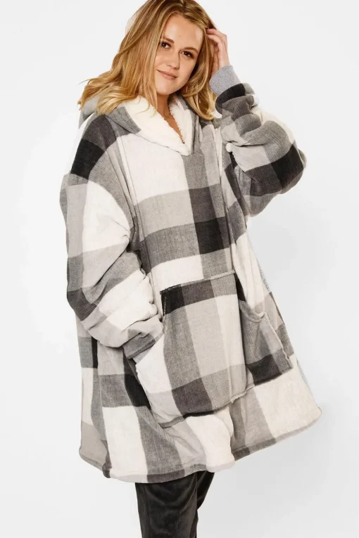 Check Oversized Sherpa Fleece Hoodie Blanket