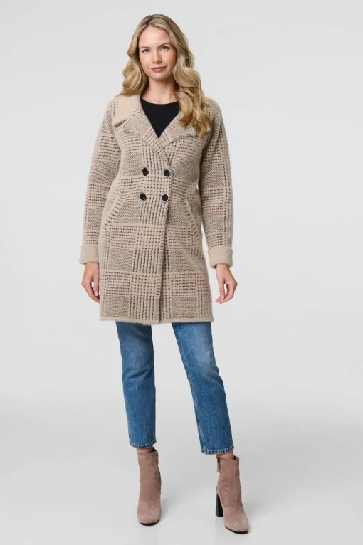 Checked Button Front Thigh Length Trench Coat