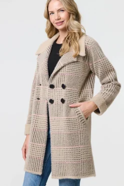 Checked Button Front Thigh Length Trench Coat