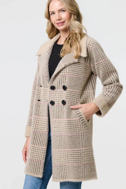 Checked Button Front Thigh Length Trench Coat