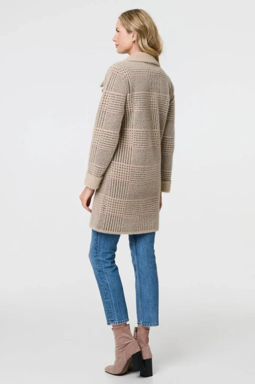 Checked Button Front Thigh Length Trench Coat